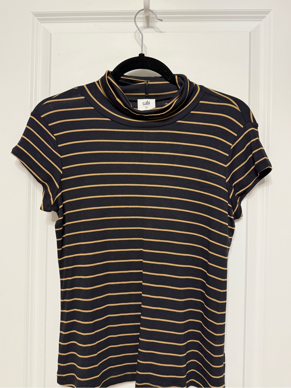 CAbi Black and Tan Striped Short-Sleeve Mock Neck Top NWOT